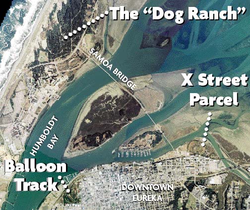 [aerial photo of humboldt bay showing the "Dog Ranch" the Balloon Track and the X Street parcel in Eureka]